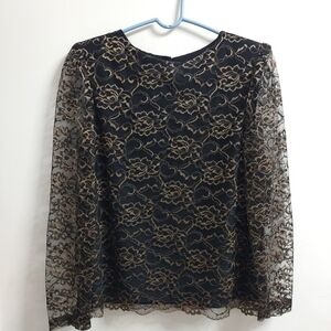 Boston Maid  Black and Gold Lace Blouse Size 12 Made In The USA Sheer Top